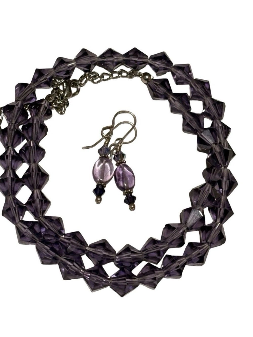 Vintage 925 Sterling Purple Crystal Necklace Earrings Set Adjustable